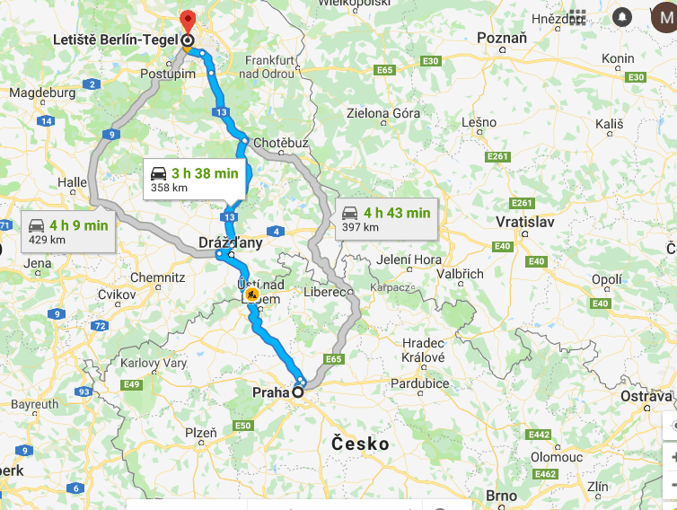 Trasa cesty z Prahy na letiště Berlín Tegel (klikněte na obrázek pro převod do Google Maps)