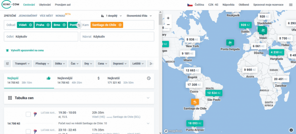 vyhledávání na kiwi.com