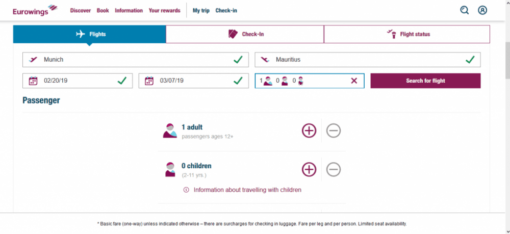 vyhledávání na webu eurowings