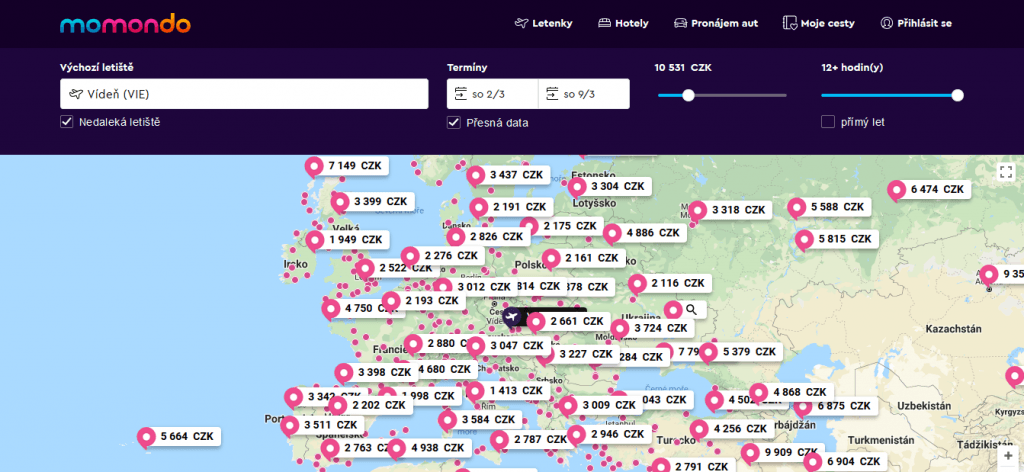 Vygenerované možnosti při vyhledávání na momondo.cz
