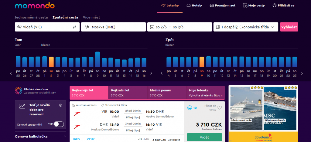 Cenový graf na momondo.cz