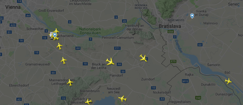 Výskyt letadel na Bratislavou a Vídní