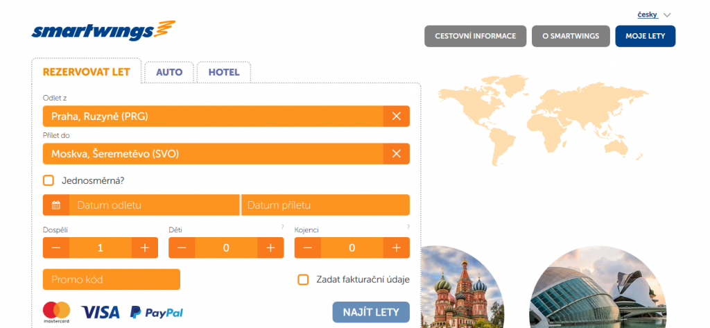 Příklad vyhledávání na smartwings.com