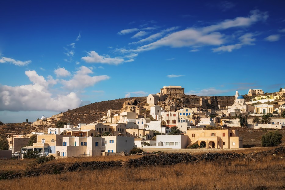 Akrotiri vesnice v ranním světle, Santorini