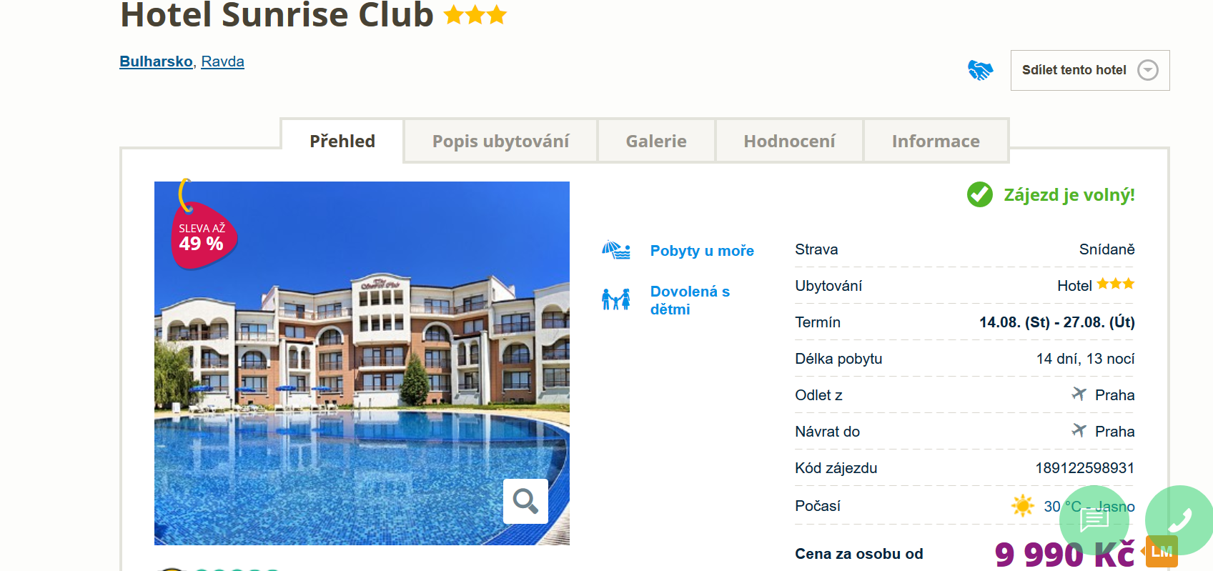 Zájezd Bulharsko (hotel Sunrise Club)