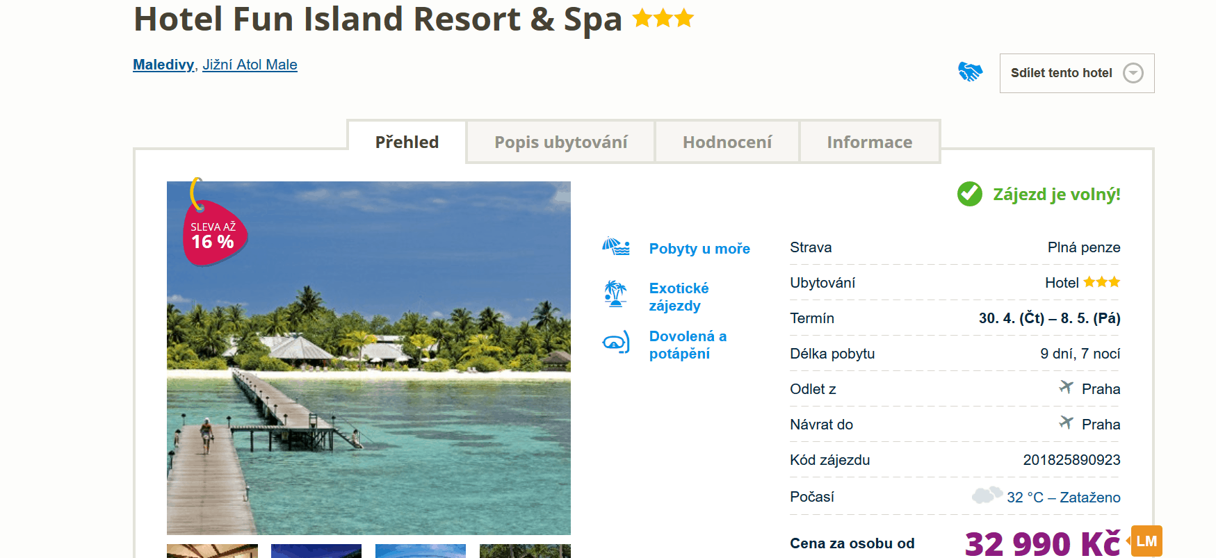 Maledivy akční zájezd duben/květen 2020