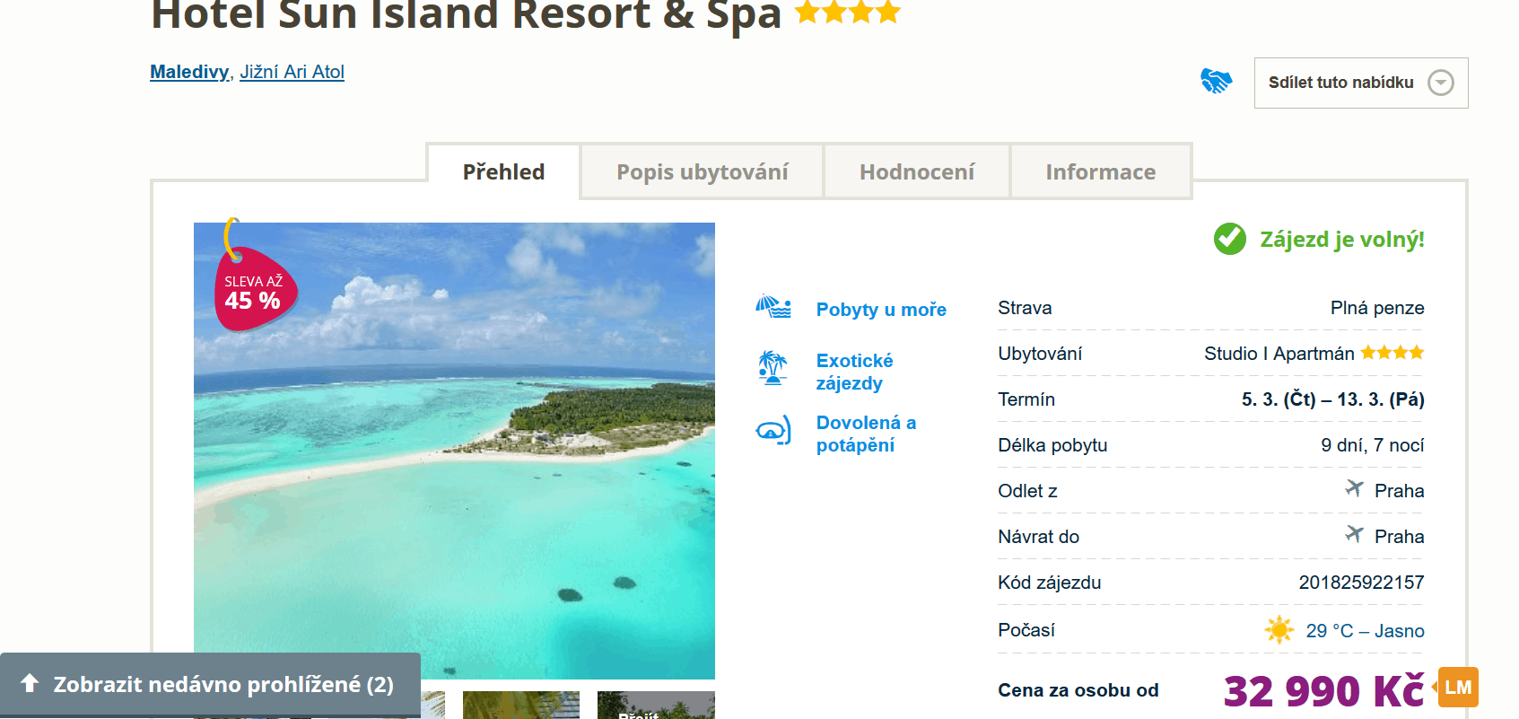 Maledivy, akční zájezd březen 2020